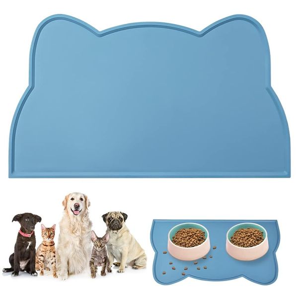 Adiwo Cat Food Mat, Silicone Non Slip Dog Bowl Mat, Non Slip Dog Bowl Mat, Pet Feeding Mat for Dog and Cat, Non-Skid Spill Proof Pet Feeding Mat (Blue)