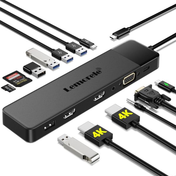 USB C Docking Station 2 HDMI Type C HUB 13-in-1 Display MST 4K@30Hz VGA Dual HDMI 2 Screen Multi-Display 3 Extended Triple Display hub USB3.0*3+USB2.0*2, HDMI*2+VGA, USB-C 3.0+PD100W Charging, TF & SD