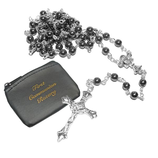 First Holy Communion Hematite Rosary and Purse Gift Set
