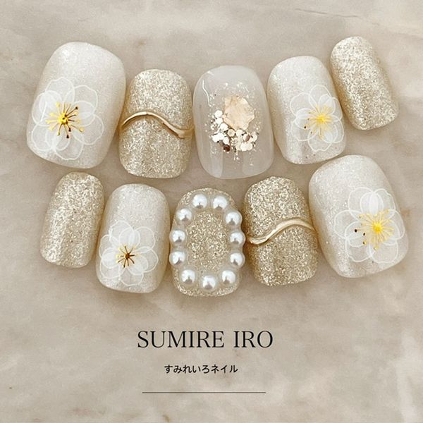 Nail tips False nails Bridal nails Short Coming-of-age nails Design Simple nails Nail Beige nails Small nails Large nails Very short Chibi nails Adult nails False nails Custom nails<br> [o2184] Pearl Beige Line Flower Gold Mirror Line Pearl