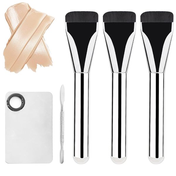 3 Stück Foundation Pinsel mit 1 Foundation-Palette & 1 Foundation-Spatel Set, Ultra Thin Foundation Brush, Flacher Makeup Concealer Brush, Make-up Pinsel für Frauen Mädchen