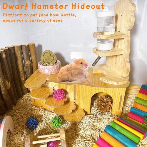 Hamiledyi Hamster Hideout with Ladder Dwarf Hamster Wooden Maze Tunnel Platform Multi Chamber Exploring Toy Habitat Decor for Gerbil Syrian Mouse Small Animal, Brown