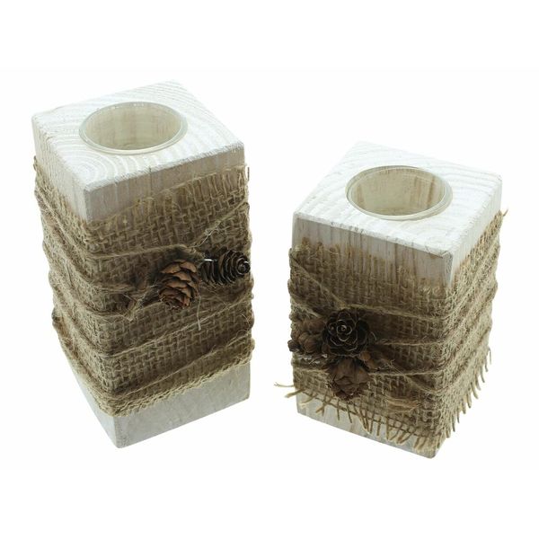 FRANK FLECHTWAREN Teelichthalter 'Natural Vintage' 2er Set rustikale Block Kerzenhalter mit Zapfen