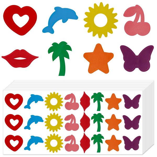 360pcs Tanning Sunbathing Stickers, 15 Sheets Self-Adhesive Indoor Tanning Stickers 8 Styles Heart, Dolphin, Cherry Shaped Colorful Tanning Bed Stickers for Body Summer Beach Outdoor