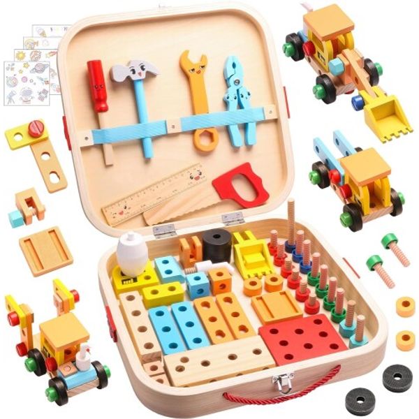 Popgaga Carpenter Set, Assembly Toy, 3, 4, 5, 6, 7, 8 Years Old, Boys, Girls, Wooden Toys, Educational Toys, Montessori, Wooden Toys, Tools, Pretend Play, Carpenter Pretend, Gift, Children