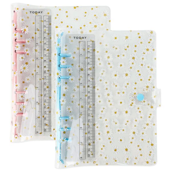 Bncxdc A5 Ring Binder, A5 Binder, 2 Pack, Clear Waterproof PVC, 6-Ring Soft Notebook Loose Leaf Binding Covers, Refillable, Round Ring, with Snap Button Closure,23.5x17cm(Daisy)