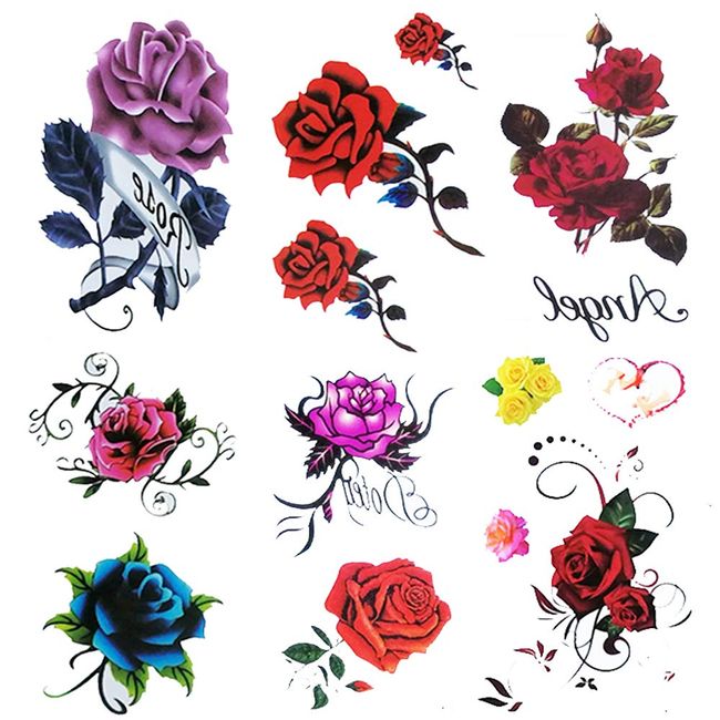 6 Sheet small fake Rose tattoo for women Girls,Temporary Tattoos blue red flower ,waterproof and Long Lasting sexy tattoos flowers -include purple pink yellow rose flowers , butterfly