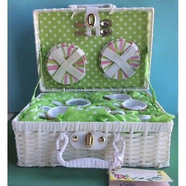 Delton Products Child’s Sprinkles Tea Set in White Fabric Lined Picnic Basket