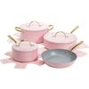 Pink Non Stick Gold Heart Nobs Cookware Set