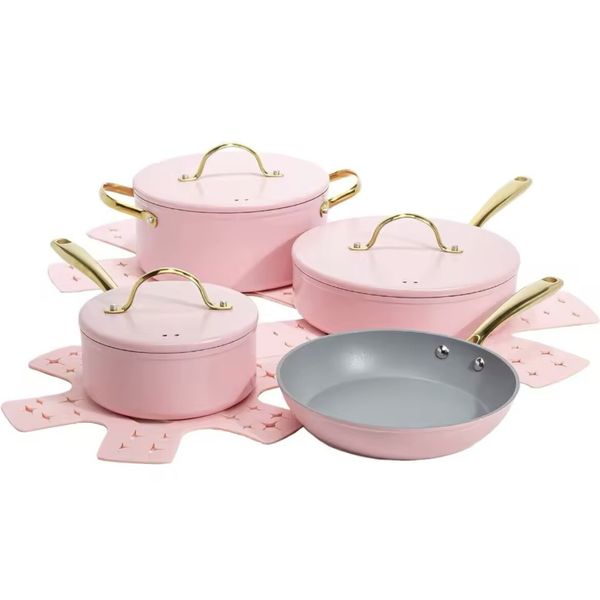 Pink Non Stick Gold Heart Nobs Cookware Set