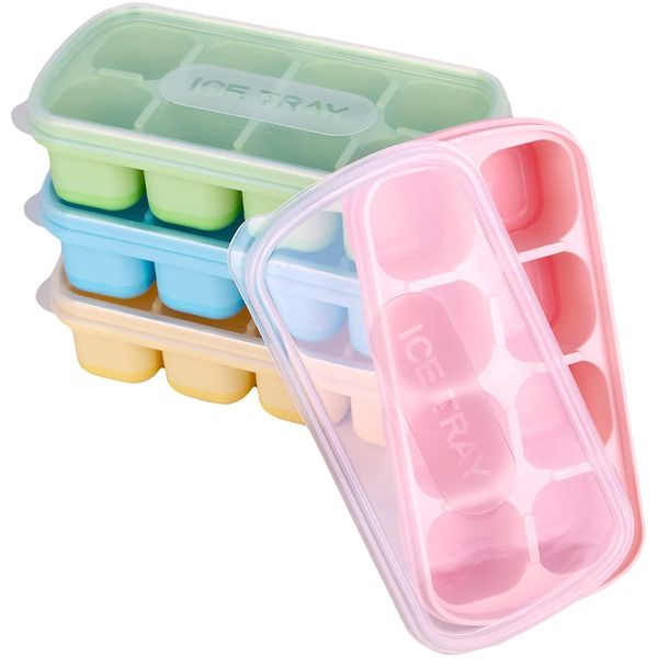 Theuwnee® 4 Packs of Ice Cube Tray, Eeasy-to-Remove Silicone Ice Cream Molds with Removable Lids, Perfect for Drinks, Freezers, Whiskey and Cocktails (Pink + Blue + Green + Yellow)