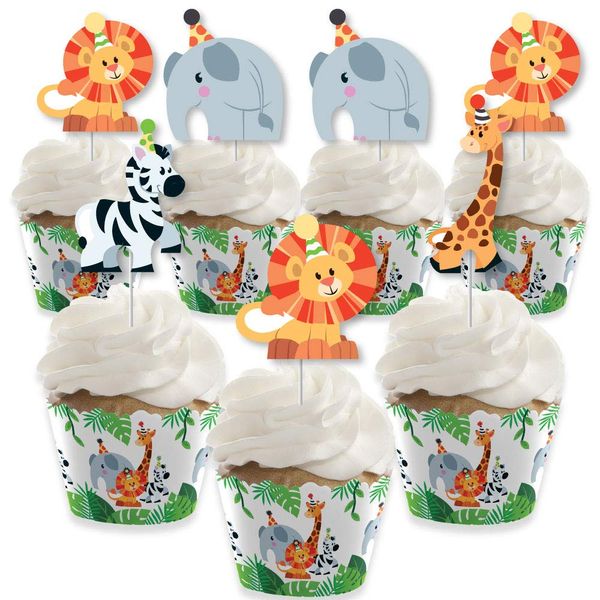 Jungle Party Animals - Cupcake Decoration - Safari Zoo Animal Birthday Party or Baby Shower Cupcake Wrappers and Treat Picks Kit - Set of 24