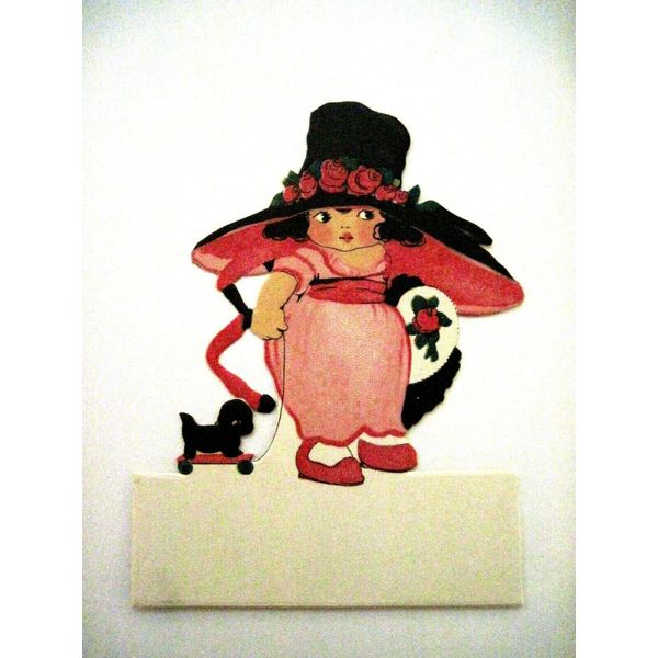 Adorable Vintage Place Card w/ Girl Pulling a Cute Black Sheep Toy  *