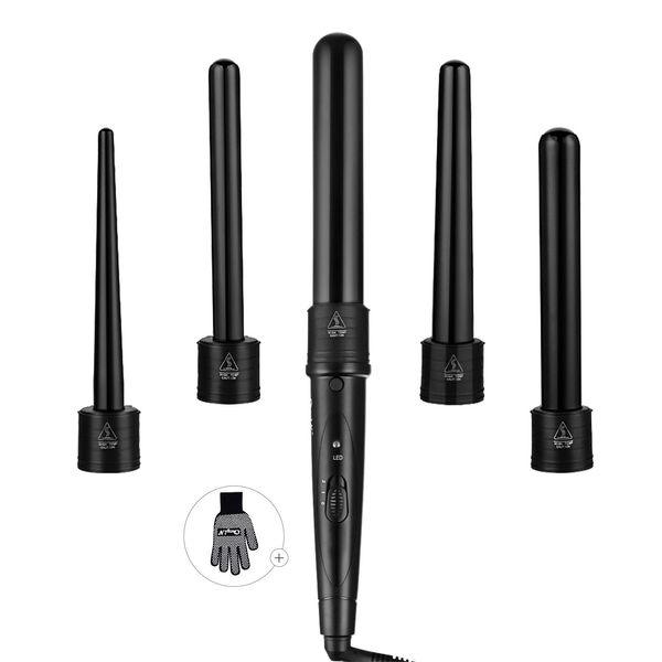 Ceramic Curling Wand, CkeyiN 5 in 1 Hair Curlers Wand with Temperature Control Professional Curling Iron for Long Short Thick Fine Hair, 360° Swivel, Black