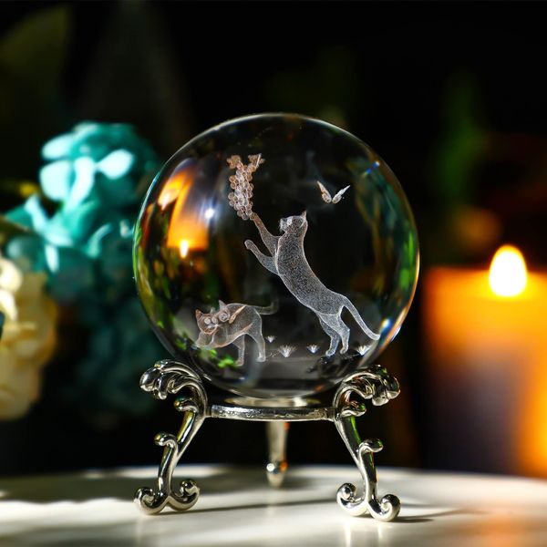 ZEERSHEE 60mm 3D Glass Laser Cat Figurine Crystal Ball with Stand Glass Paperweight Cat Gift for Cat Lovers Cat Ornaments for Cat Lovers Women