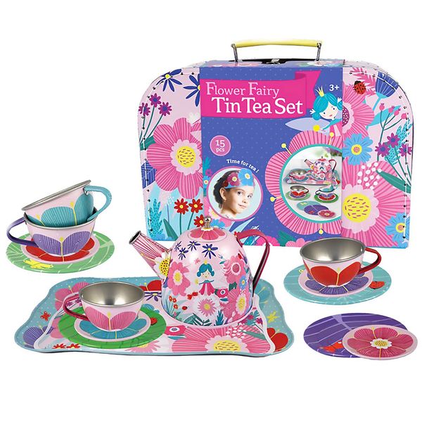 Bright Stripes Kids Tea Set - Pretend Play Tin Tea Set for Girls & Boys | Includes Tea Pot, Cups, Saucers, Plates, Tray, Invitations & Place-Cards for Imaginative Play (Flower Fairy)