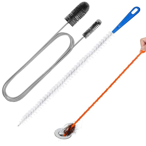 Drain Unblocker and Cleaner Tool 3 Pcs, 155 cm Double-ended Drain Pipe Cleaner Brush, 45 cm Sink Unblocker Brush, 50 cm Hair Clog Remover, Plumbing Unclogger Tool for Bathroom Shower Kitchen Plug Hole