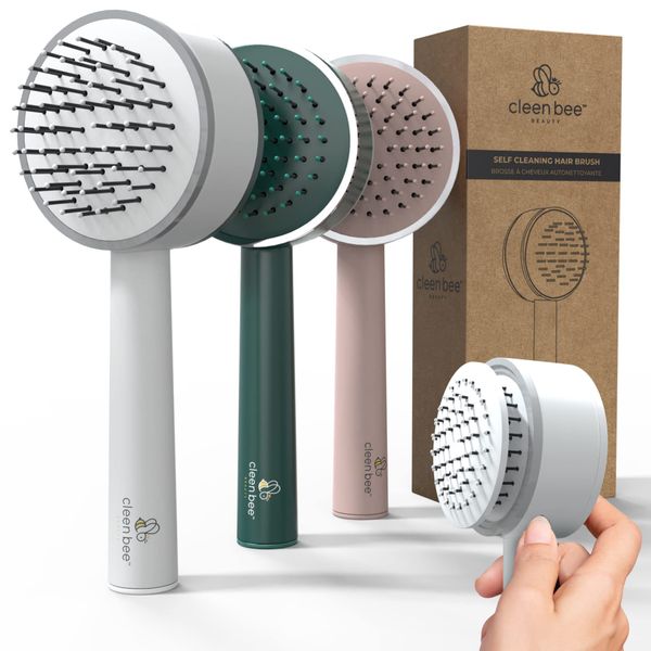 Cleen Bee Self Cleaning Hair Brush For Women, Men, Boys And Girls | Built-In Anti Static Hair Brush Cleaner Tool | Prevent Excess Hair Buildup With The Press Of A Button (White)