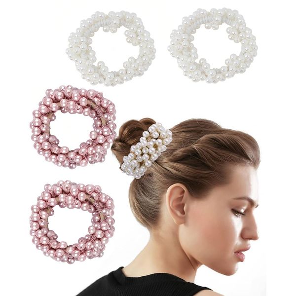 IPNSDON 4 Stück Updo Hair Bun Haarband Weiß Perlen Haarbänder, Frauen dehnbar Updo, Hair Bun, Girl's Braid Haarschmuck Kopfbedeckungen (Weiß Rosa)