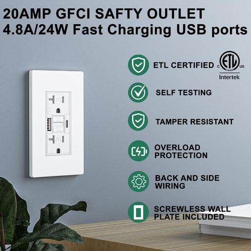 20AMP GFCI Outlet with 4.8A/24W Type A & Type C USB Charging Ports, Self-Test, Tamper Resistant, GFCI Receptacle Outlet, Screwless Wall Plate Include, ETL Listed, White 2Pack