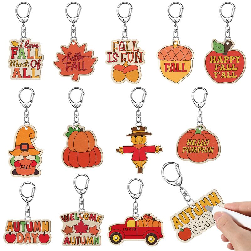 RattanView 24 Pcs Fall Craft Color Your Own Keychains DIY Craft Wooden ...