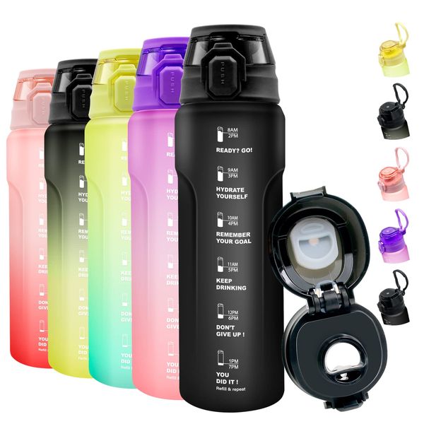 Invool Water Bottle 1L, Sports Water Bottle w/ Motivational Time Marker & Straw, BPA Free, Leakproof & Secure Locking Lid, Tritan Plastic Drink Bottle Outdoor, Cycling, Gym, School & Office (Black)