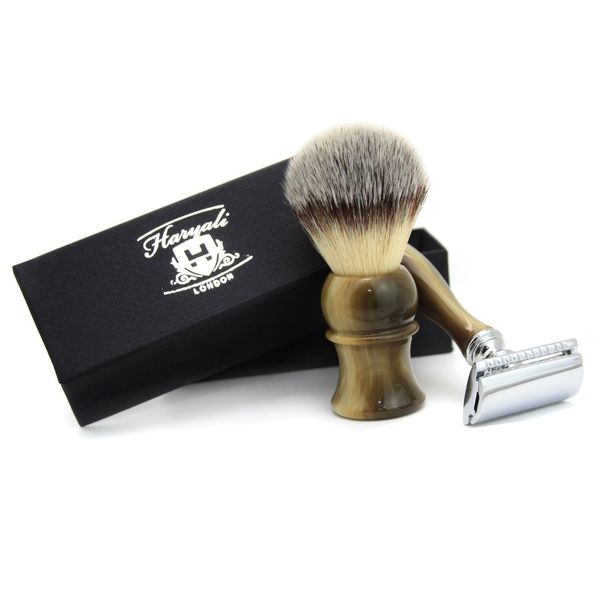 Gift Box for Men (Sythetic Hair Shaving Brush Stunning Horn stimulated Handle DE Safety Razor) NO Blades Included