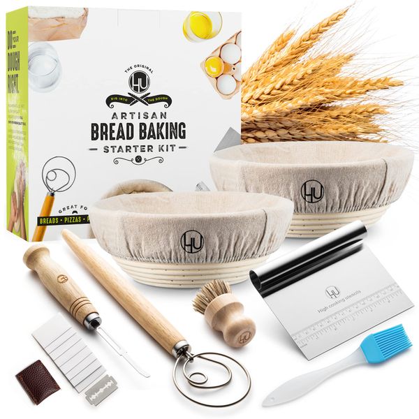 Sourdough Bread Baking Kit - 2 Bannetons, Whisk, Lame, Scraper, Brushes, Cloths