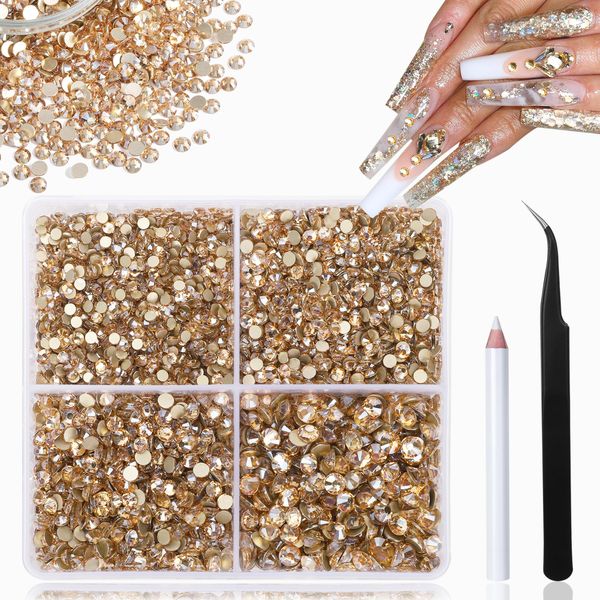 HUETFAT Gold Rhinestones Nail Gems Diamonds Crystals for Nail Art,5760Pcs Champagne Rhinestones for Crafts Ss10/12/16/20, Face Jewels Small Gems Stones Nail Charms Supplies with Wax Pencil Tweezers