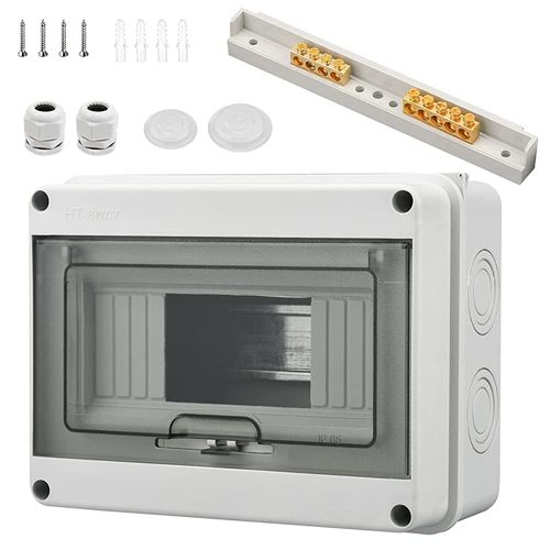 Surface-Mounted Fuse Box, Small Distribution Box, IP65-1 Row, 8 Modules, with 4 Terminals, 2 Connectors, Suitable for Outdoor Gardens, Farms, Charging Stations, Wet Rooms