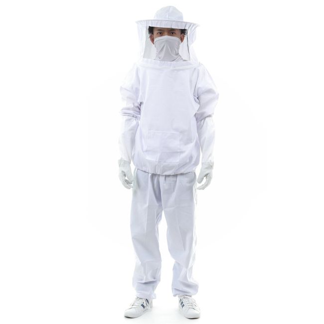 AFROMARKET Protective Suit for Beekeeping, Beehive Exterminator, Bee Protective Clothing, Face Net, Gloves, Face Cover, Set of 4, White