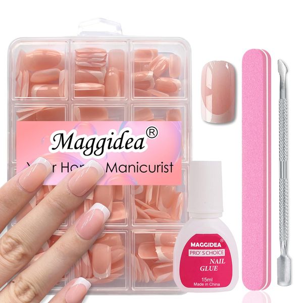 Maggidea False Nails Kit, 240 Pcs French Tip Press on Nails, Fake Nails Nude Base Glossy Full Cover Glue on Nails Nail Art Manicure for Women (Short Square-Deep Arc-Nude Base, One Size)