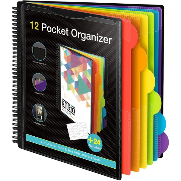 KTRIO 12 Pocket Poly Project Organizer, Round Tab Binder Organizer Spiral Project Folder Multi Pocket Folder Binder with Pockets Letter Size, Back Cover Utility Pouch, School Supplies