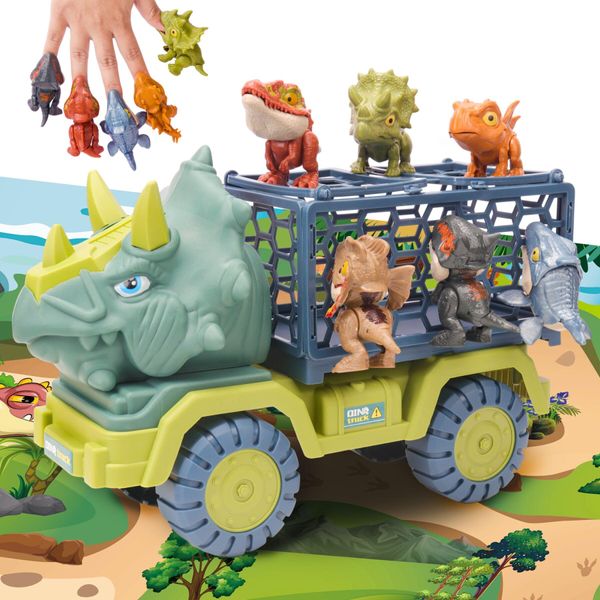 COSOOS Dinosaur Toys for Kids 3-5, Triceratops Dinosaur Truck Carrier Transport Car with 6 Little Dinosaur Toys, Dino Play Mat, Jurassic Dinosaurs Playset for Toddler Boy Girl