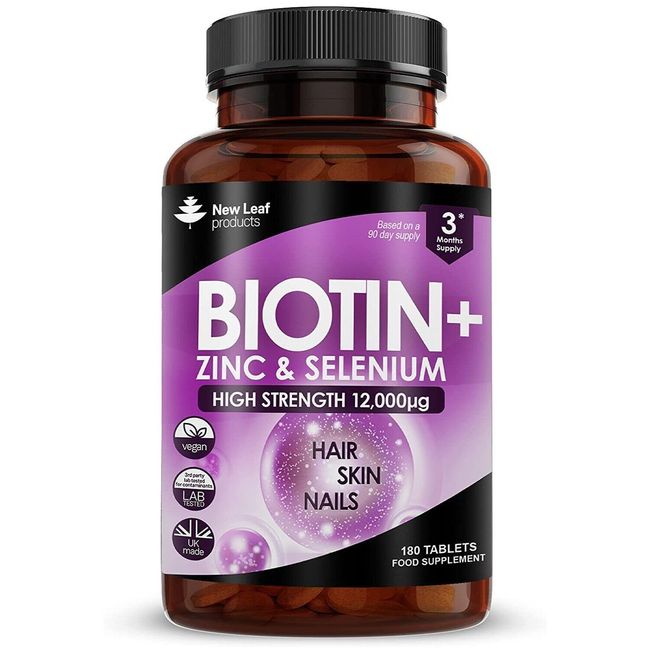 Biotin Hair Growth Vitamins 12,000mcg 180 D-Biotin Tablets Enriched with Zinc & Selenium – Vegan Hair Skin & Nails Vitamins for Women and Men High Strength Hair Vitamins - UK Made by New Leaf