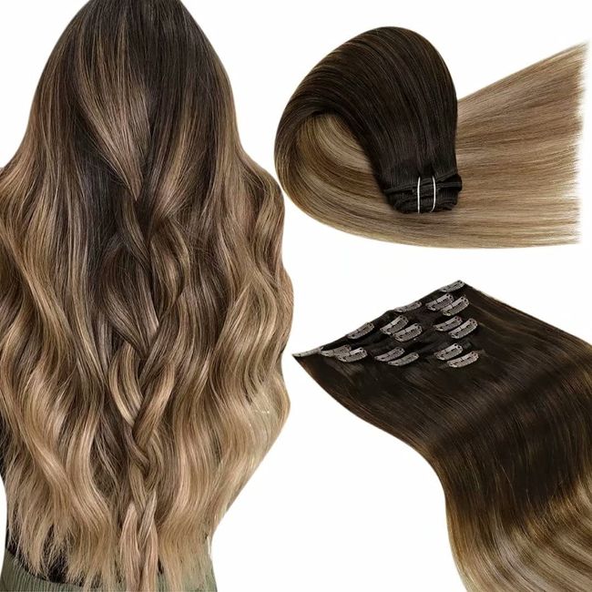 【Limited Deal】LaaVoo Ombre Human Hair Extensions Clip ins Balayage Dark Brown to Caramel Brown Mixed Ash Brown Balayage Hair Extensions Clip in Human Hair Double Weft 18in 7pcs/120g