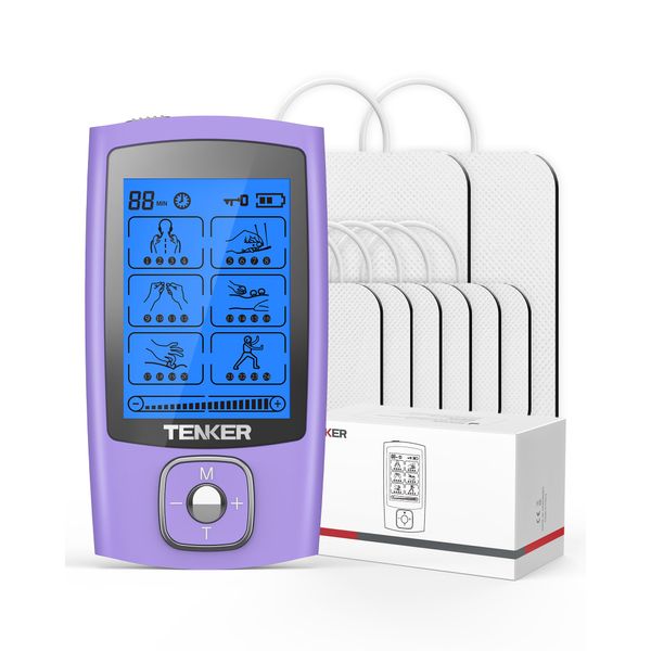 TENKER TENS Unit Muscle Stimulator, 24 Modes TENS EMS Machine for Pain Relief Therapy/Pain Management, Rechargeable Electronic Pulse Massager with 2"x2" and 2"x4" TENS Unit Electrode Pads