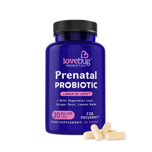 LoveBug Probiotics Prenatal Probiotic 20 Billion CFU Tummy Soothe Blend with Peppermint,Ginger Root,Red Raspberry Leaf & Lemon Balm 30 Count