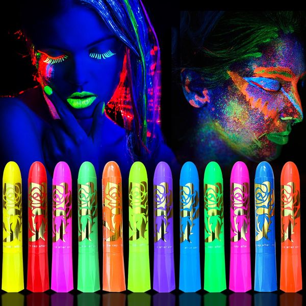 12 Color Glow in The Dark Face Paint Crayon Set,UV and Blacklight Makeup Neon Face and Body Painting for Kids Adults Mardi Gras Halloween BlackLight Birthday Masquerade Party Supplies (12 Multicolor)