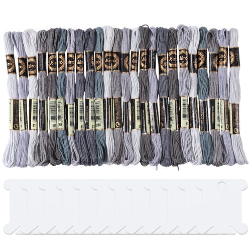 CABODYALS 24 Skeins 6 Strands Grey Embroidery Thread Floss Variegated Gradient Friendship Bracelets String Cross Stitch Threads Bulk with 12 Floss Bobbins for Bracelet Making Sewing Knitting Craft Diy