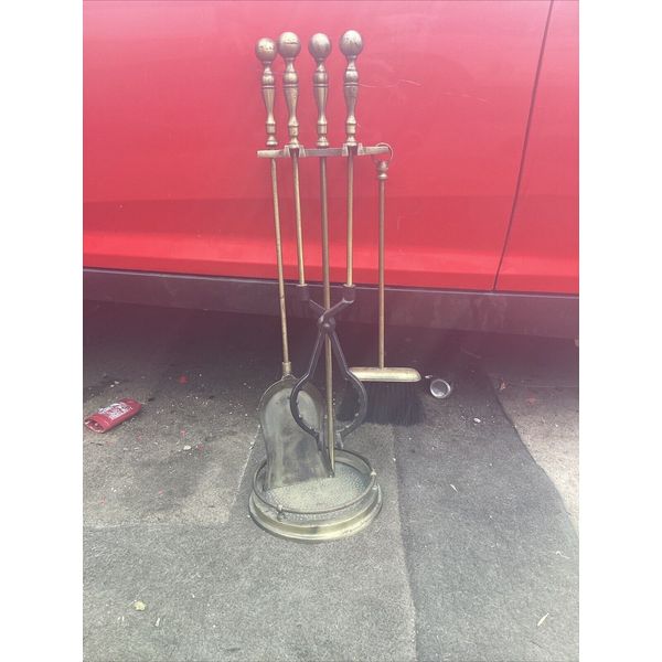 Vintage Solid Brass Fireplace Tool Set 4 Piece + Stand Missing Broom Head