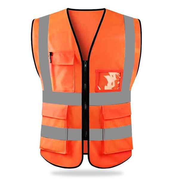 HYCOPROT Hi Vis Viz High Visibility Reflective Safety Vest Waistcoats Jacket Workwear Executive Zip 2 Band Security Mobile Phone Pocket (Orange, XL)