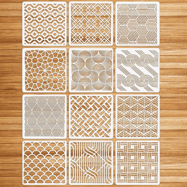 OOTSR 12Pcs Stencil for Crafts Reusable, 15x15cm Plastic Painting Drawing Stencils DIY Stencils Template for Painting on Wood Floor Furniture Wall Art