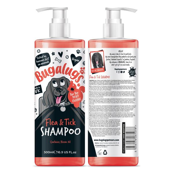 Flea and Tick Dog Shampoo by Bugalugs, Works on Smelly Puppies & Dogs, Contains Neem Oil & Eucalyptus Oils, PH Balanced Vegan Pet Shampoo, Used by Professional Groom