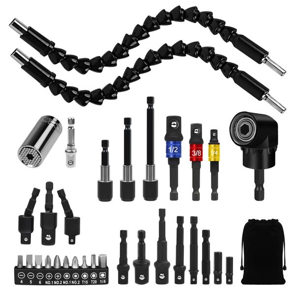 Flexible Drill Bit Extension Set, Including Right Angle Drill Attachmen, Rotatable Joint Socket 1/4 3/8 1/2 In Hex Socket Adapter, Bendable Drill Bit Extension and Drill Bit Holder Screwdriver Kit