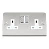 Wal Double Socket 2 Gang - Satin Matt Chrome Classic - White Insert - Metal Rocker Switch