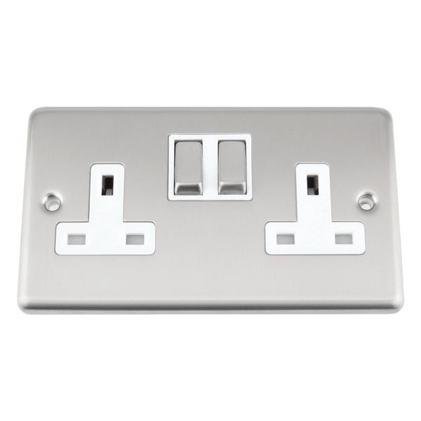Wal Double Socket 2 Gang - Satin Matt Chrome Classic - White Insert - Metal Rocker Switch