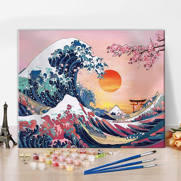 TISHIRON DIY Paint by Numbers Ocean Kanagawa Waves Sunset Great Wave with Paint Brushes and Acrylic Painting Kit 16x20 Inch for Kids and Adults Beginner Gifts Frameless