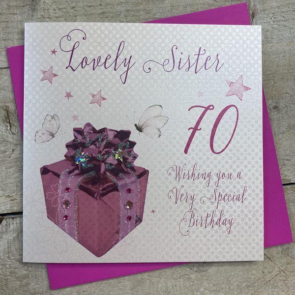 WHITE COTTON CARDS Pink Present, Lovely Sister 70 Wishing You A Special Handmade 70th Birthday Card, White, WB190-70,16cm x 16cm