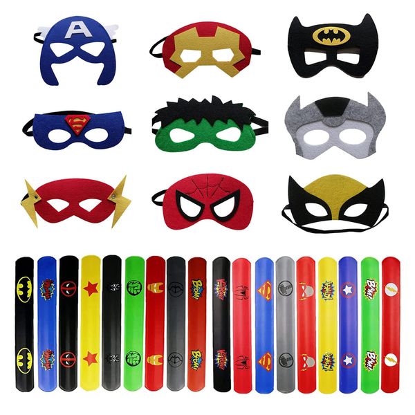 Superhero Masks & Superhero Slap Bands for Kids Party Bags,27Pcs Felt Superhero Cosplay Party Masks Bracelets,Fancy Dress Up Costume Supplies Wristband Favours Girls Boys Avengers Fillers Masquerade